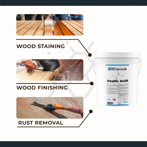 Oxalic acid common uses including rust removal, stain lifting, and wood bleaching.